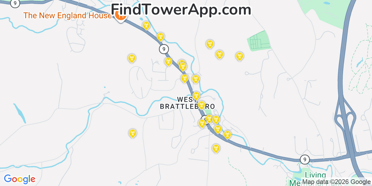 Map showing the 20 primary cell tower locations detected in West Brattleboro, Vermont from AT&T, Verizon, and T-Mobile networks