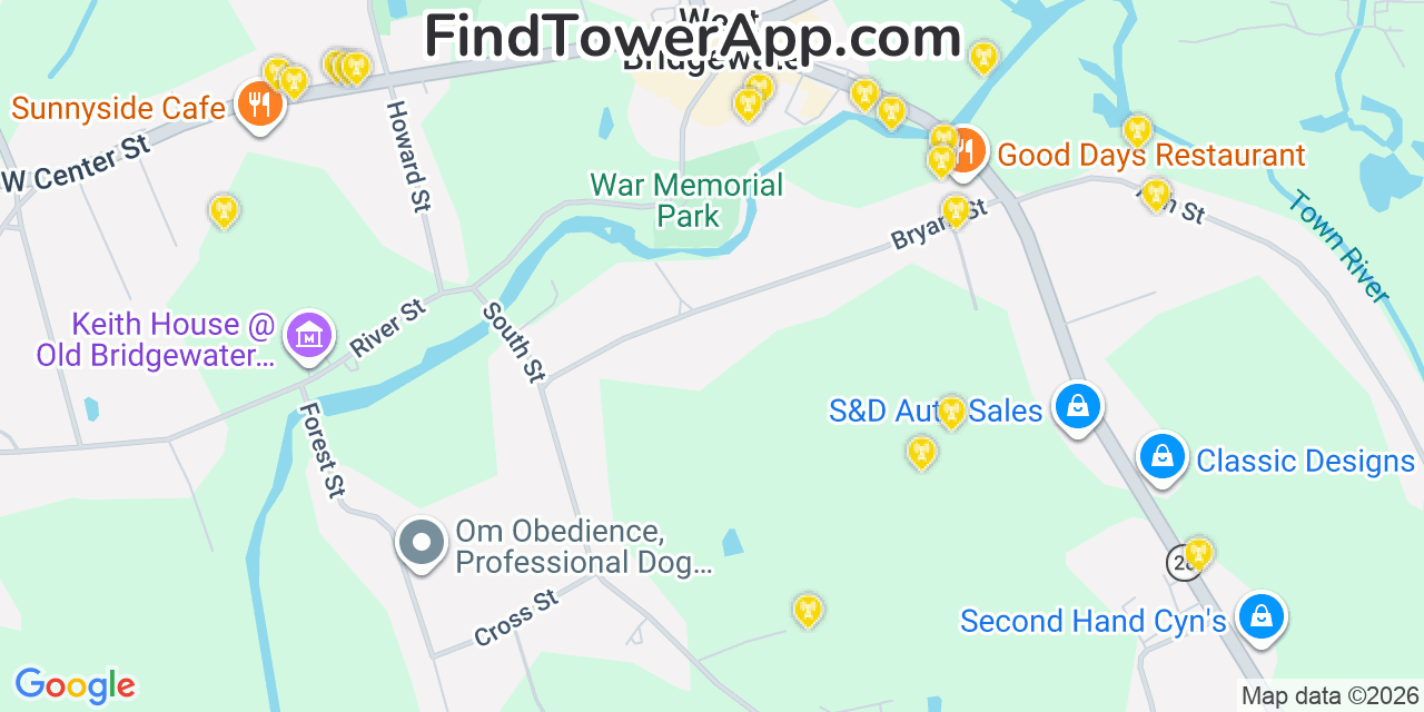 Map showing the 20 primary cell tower locations detected in West Bridgewater, Massachusetts from AT&T, Verizon, and T-Mobile networks