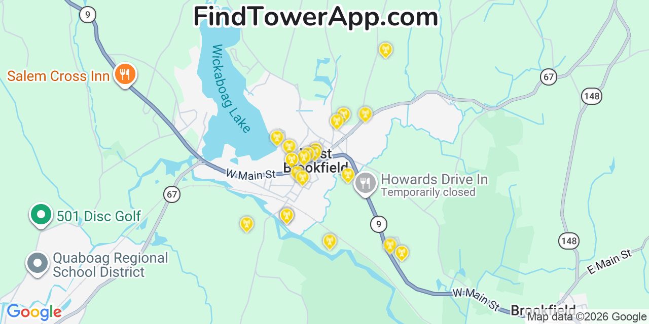 Map showing the 20 primary cell tower locations detected in West Brookfield, Massachusetts from AT&T, Verizon, and T-Mobile networks