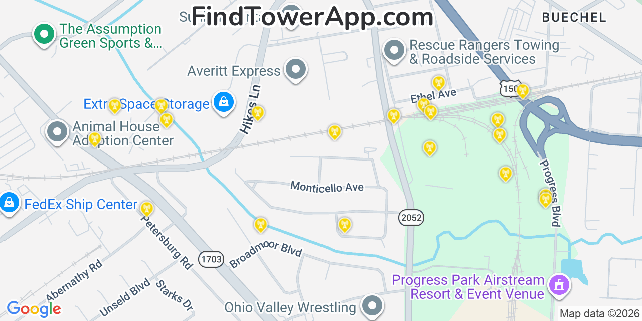 Map showing the 20 primary cell tower locations detected in West Buechel, Kentucky from AT&T, Verizon, and T-Mobile networks