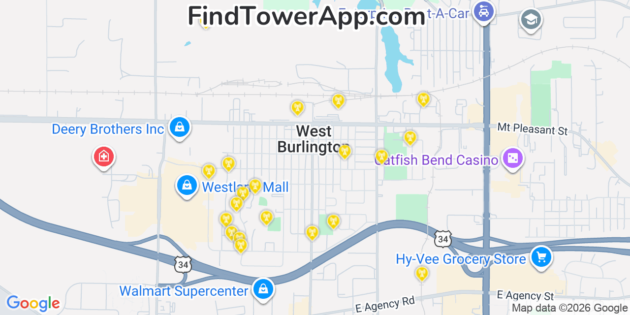 Map showing the 20 primary cell tower locations detected in West Burlington, Iowa from AT&T, Verizon, and T-Mobile networks