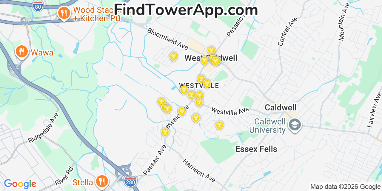 Map showing the 20 primary cell tower locations detected in West Caldwell, New Jersey from AT&T, Verizon, and T-Mobile networks