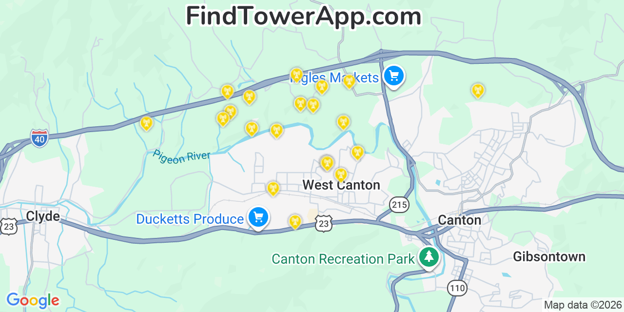Map showing the 20 primary cell tower locations detected in West Canton, North Carolina from AT&T, Verizon, and T-Mobile networks