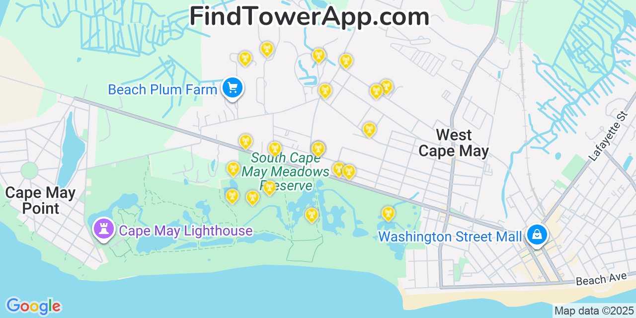 Map showing the 20 primary cell tower locations detected in West Cape May, New Jersey from AT&T, Verizon, and T-Mobile networks