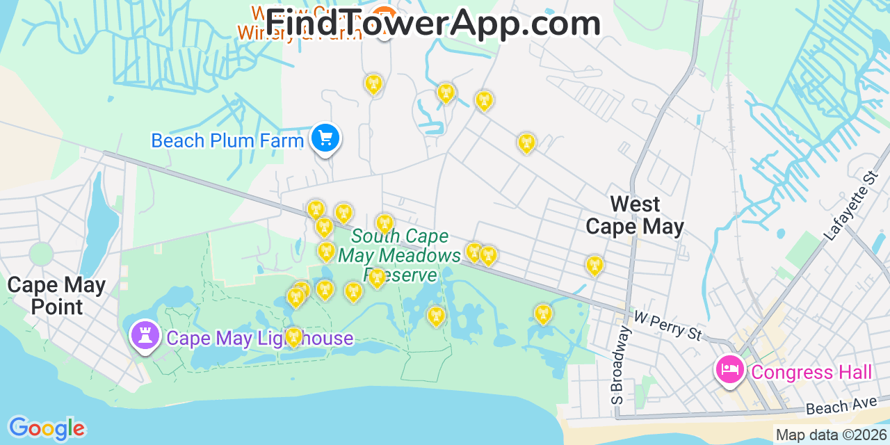 Map showing the 20 primary cell tower locations detected in West Cape May, New Jersey from AT&T, Verizon, and T-Mobile networks