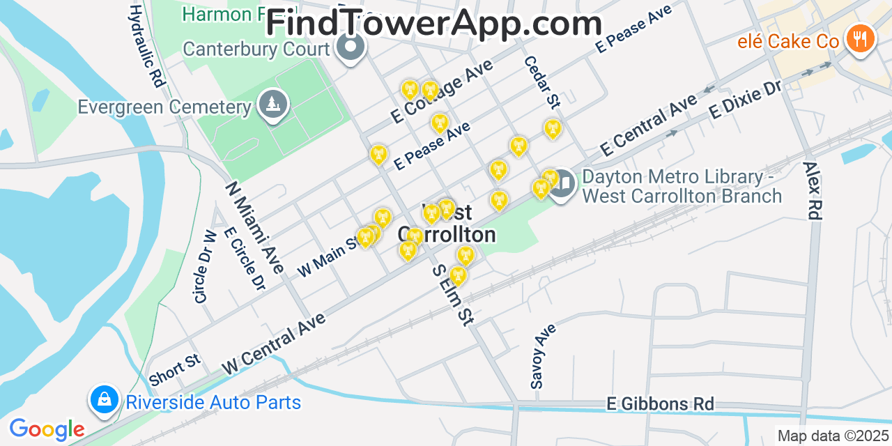 Map showing the 20 primary cell tower locations detected in West Carrollton City, Ohio from AT&T, Verizon, and T-Mobile networks