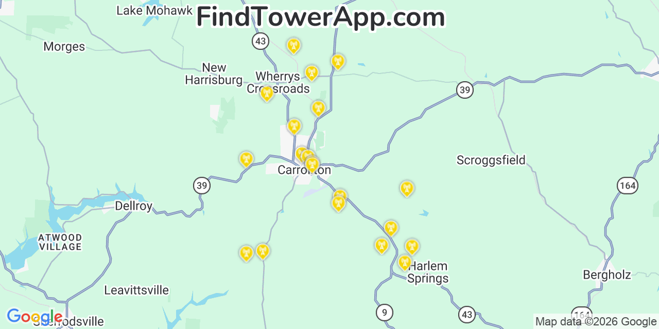Map showing the 20 primary cell tower locations detected in West Carrollton City, Ohio from AT&T, Verizon, and T-Mobile networks