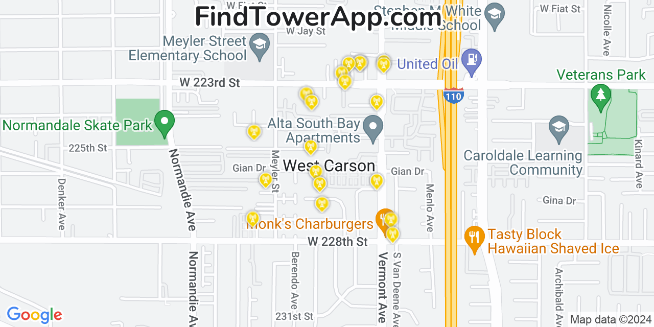 AT&T 4G/5G cell tower coverage map West Carson, California