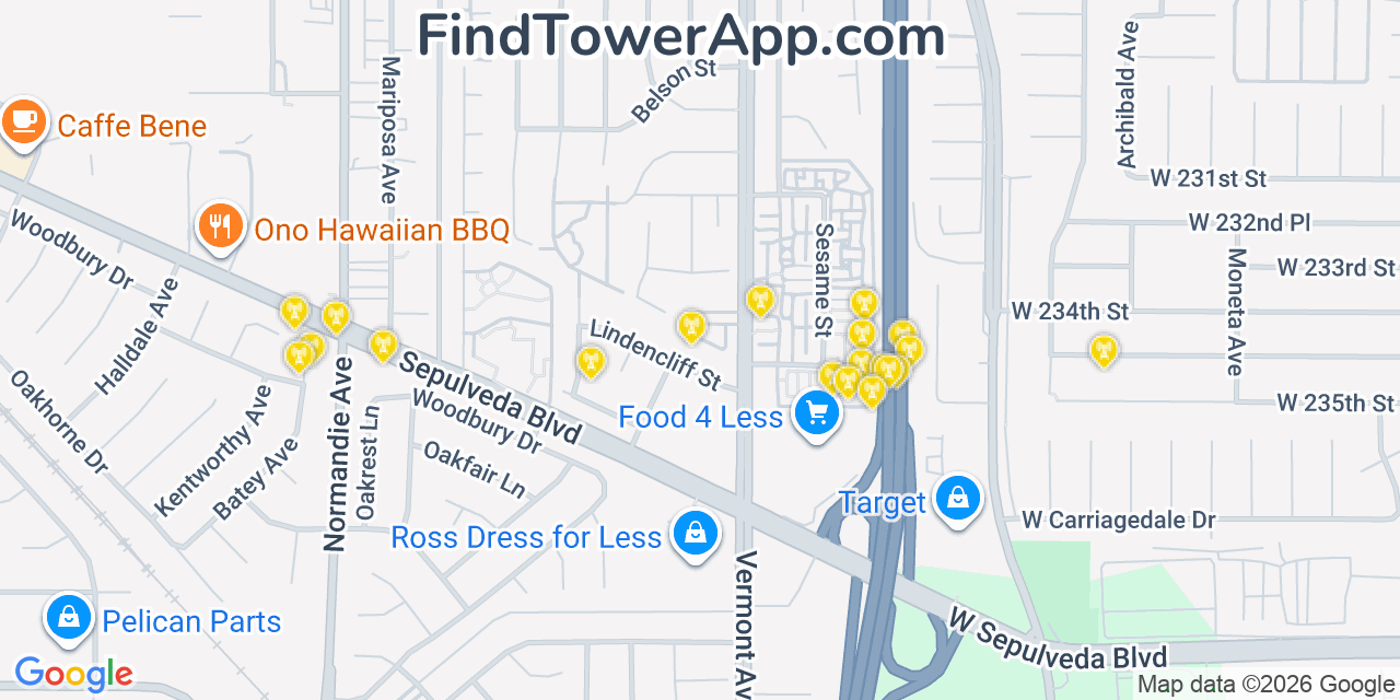Map showing the 20 primary cell tower locations detected in West Carson, California from AT&T, Verizon, and T-Mobile networks