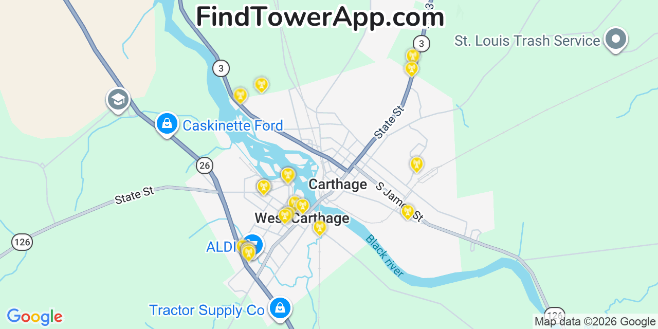 Map showing the 20 primary cell tower locations detected in West Carthage, New York from AT&T, Verizon, and T-Mobile networks