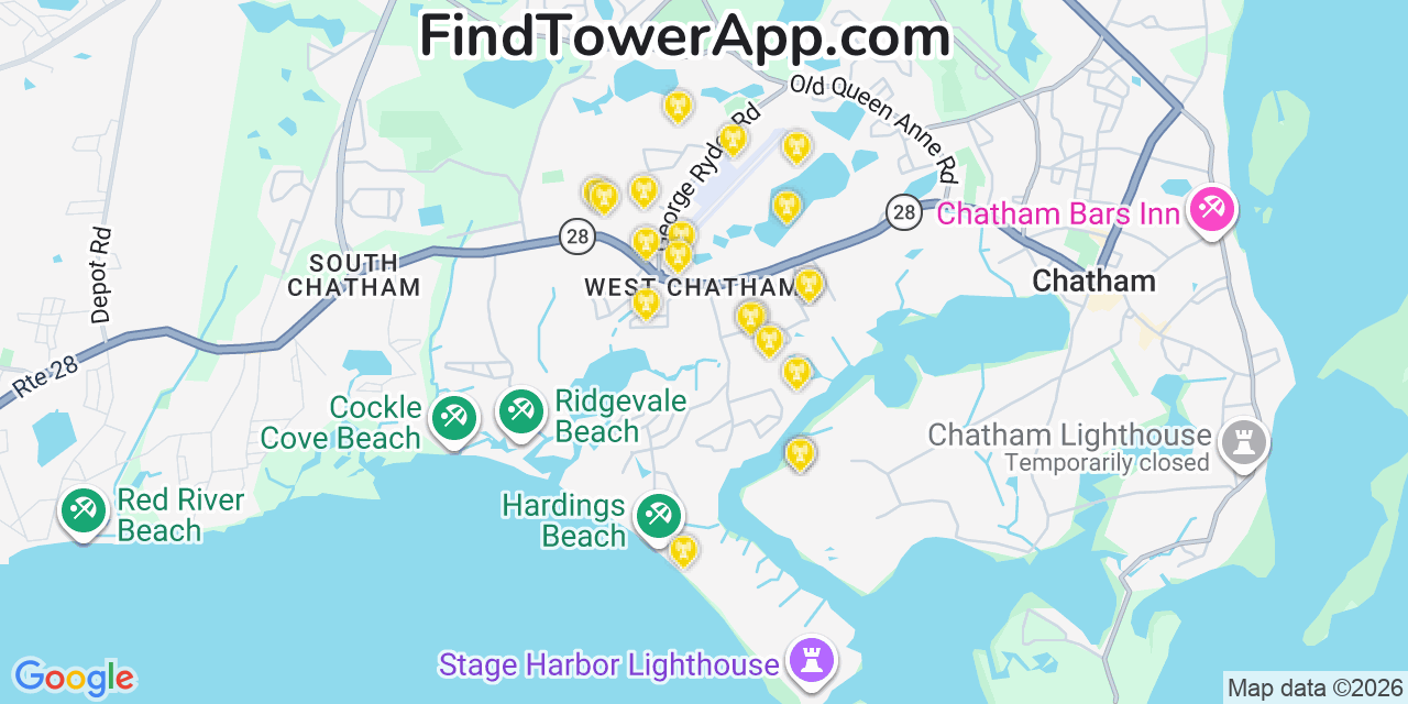 Map showing the 20 primary cell tower locations detected in West Chatham, Massachusetts from AT&T, Verizon, and T-Mobile networks