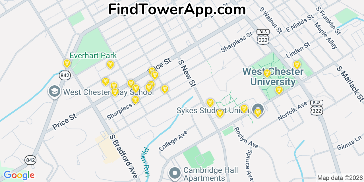 Map showing the 20 primary cell tower locations detected in West Chester, Pennsylvania from AT&T, Verizon, and T-Mobile networks