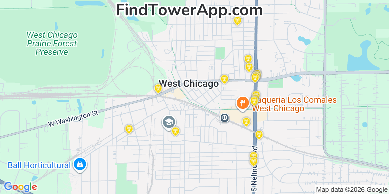 Map showing the 20 primary cell tower locations detected in West Chicago, Illinois from AT&T, Verizon, and T-Mobile networks