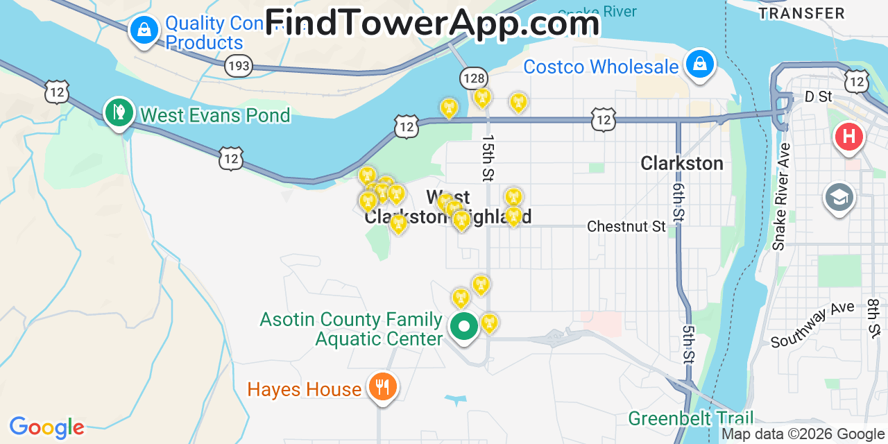 Map showing the 20 primary cell tower locations detected in West Clarkston Highland, Washington from AT&T, Verizon, and T-Mobile networks