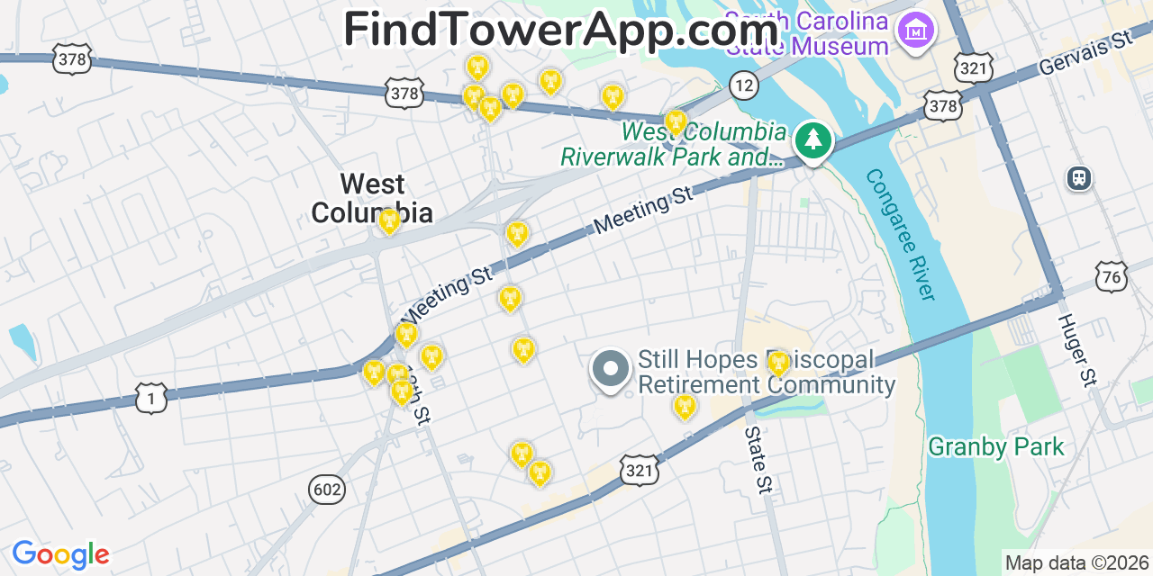 Map showing the 20 primary cell tower locations detected in West Columbia, South Carolina from AT&T, Verizon, and T-Mobile networks