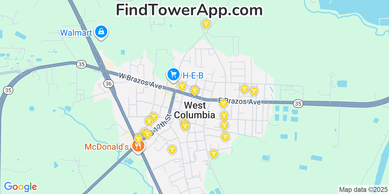 Map showing the 20 primary cell tower locations detected in West Columbia, Texas from AT&T, Verizon, and T-Mobile networks