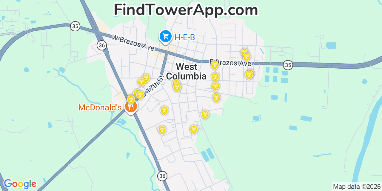 Map showing the 20 primary cell tower locations detected in West Columbia, Texas from AT&T, Verizon, and T-Mobile networks