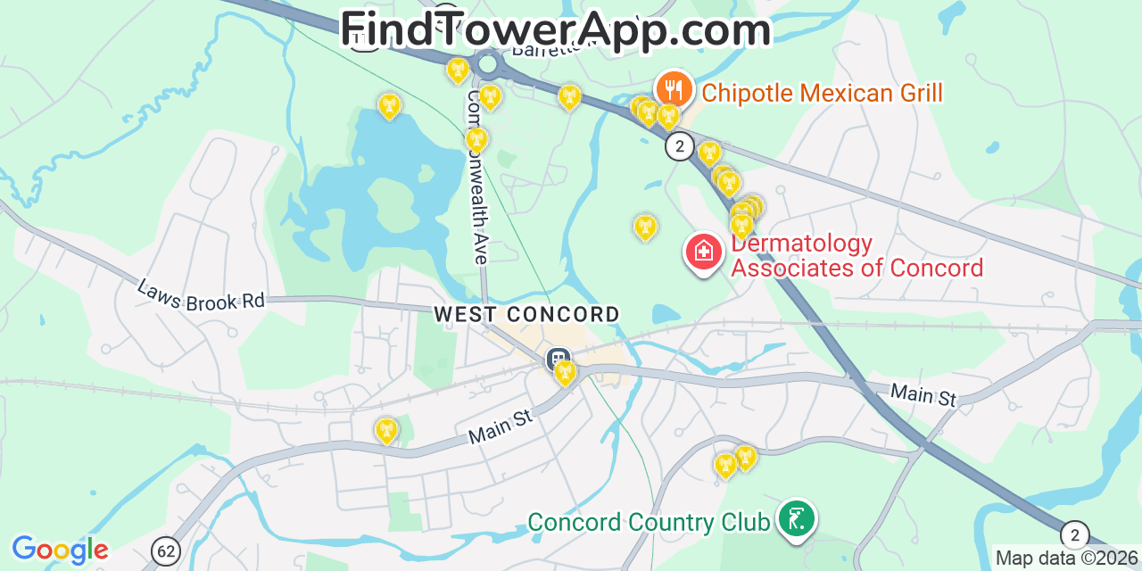 Map showing the 20 primary cell tower locations detected in West Concord, Massachusetts from AT&T, Verizon, and T-Mobile networks