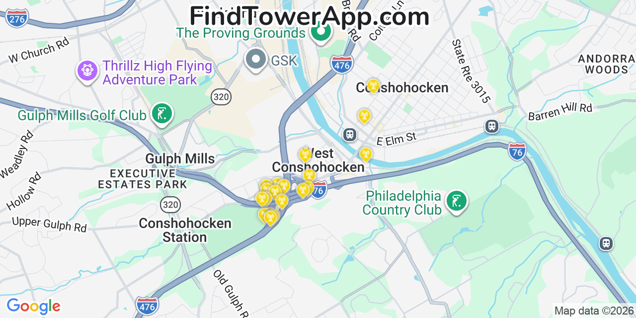 Map showing the 20 primary cell tower locations detected in West Conshohocken, Pennsylvania from AT&T, Verizon, and T-Mobile networks