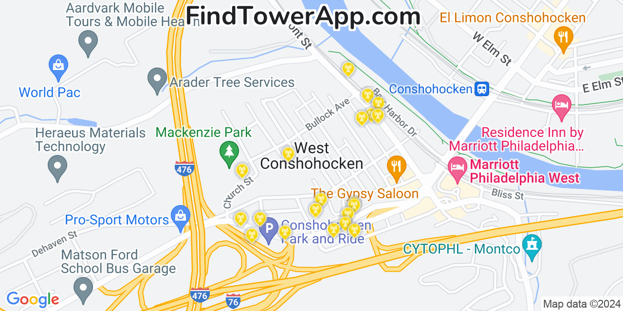 Verizon 4G/5G cell tower coverage map West Conshohocken, Pennsylvania
