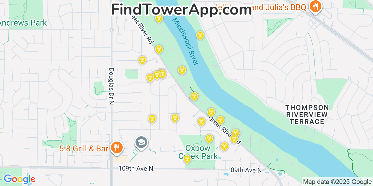 Map showing the 20 primary cell tower locations detected in West Coon Rapids, Minnesota from AT&T, Verizon, and T-Mobile networks