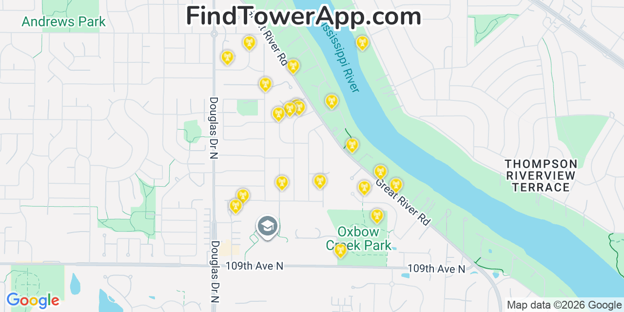 Map showing the 20 primary cell tower locations detected in West Coon Rapids, Minnesota from AT&T, Verizon, and T-Mobile networks