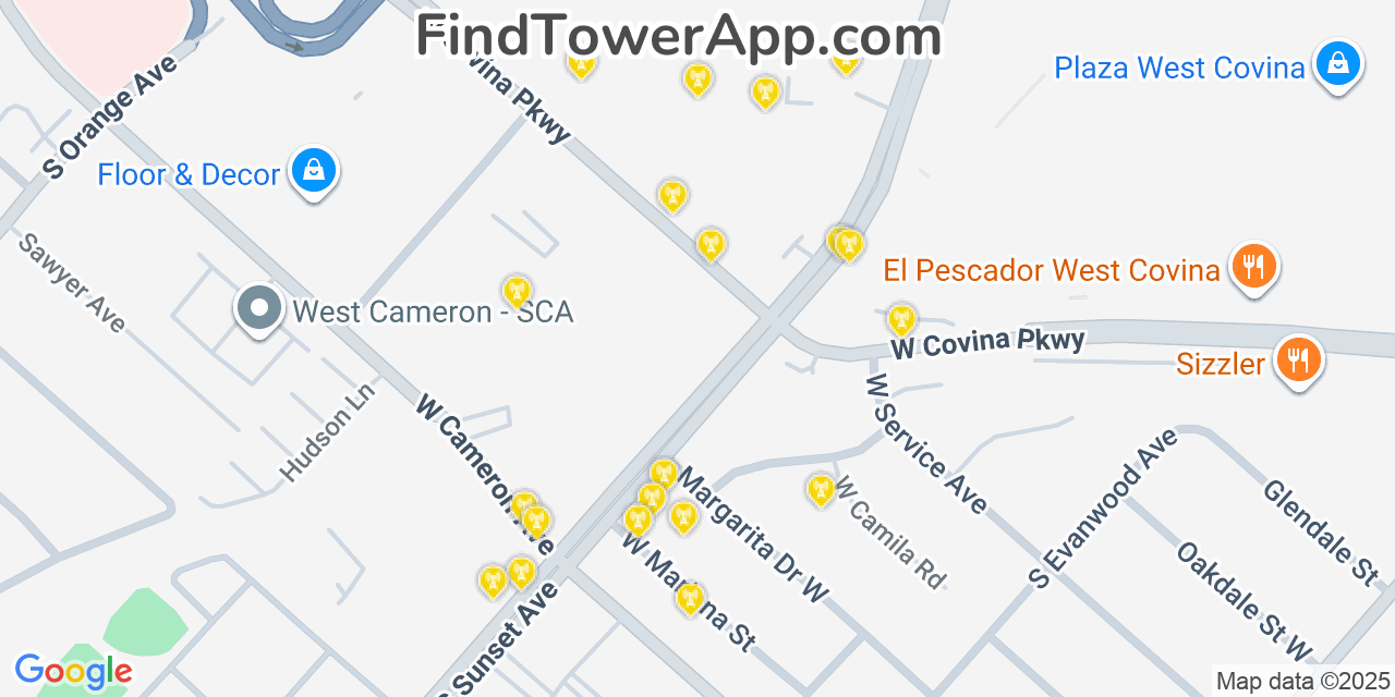 Map showing the 20 primary cell tower locations detected in West Covina, California from AT&T, Verizon, and T-Mobile networks