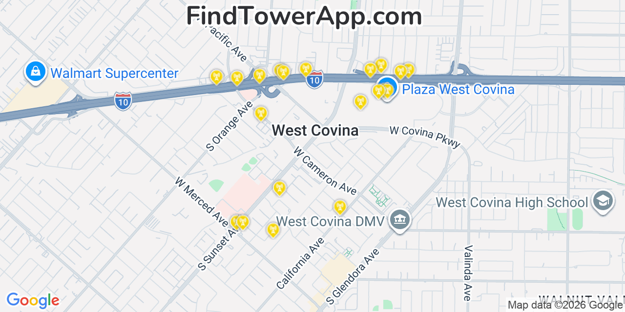Map showing the 20 primary cell tower locations detected in West Covina, California from AT&T, Verizon, and T-Mobile networks