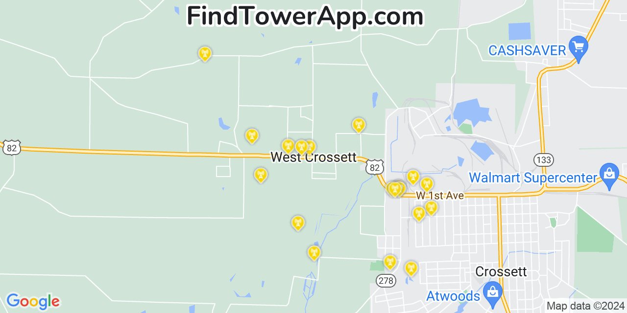 AT&T 4G/5G cell tower coverage map West Crossett, Arkansas