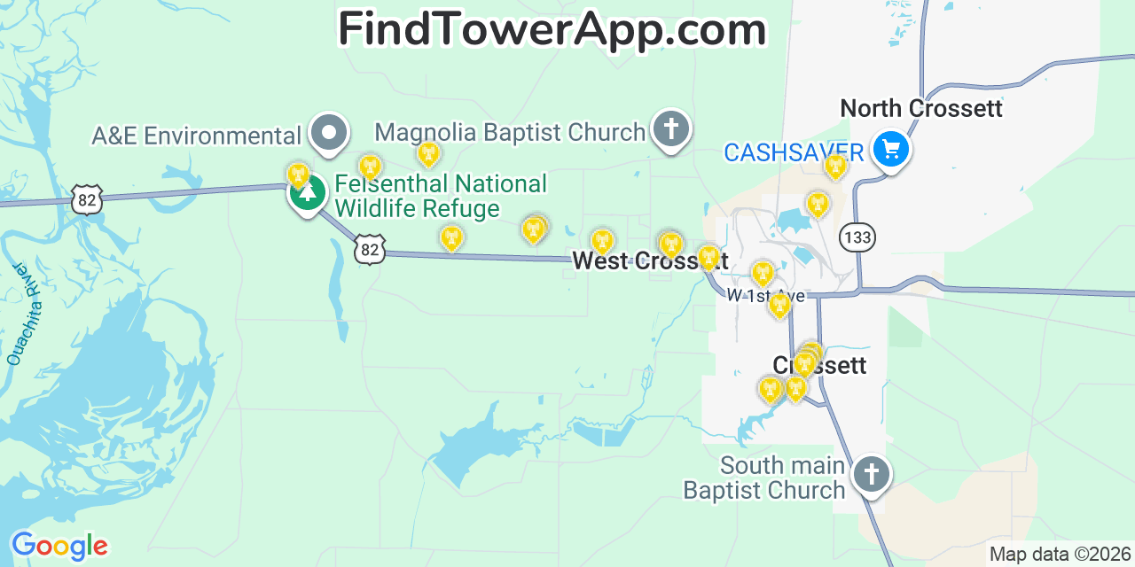 Map showing the 20 primary cell tower locations detected in West Crossett, Arkansas from AT&T, Verizon, and T-Mobile networks