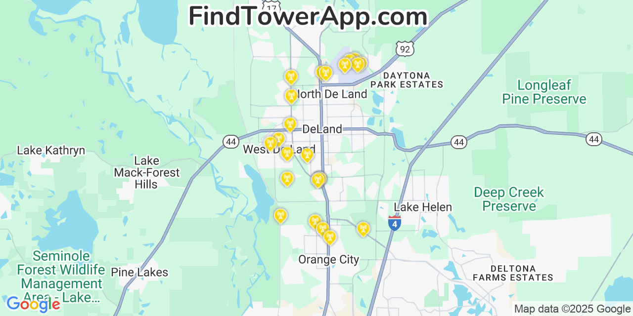 Map showing the 24 primary AT&T cell tower locations detected in West Deland, Florida with coverage radius and signal strength indicators