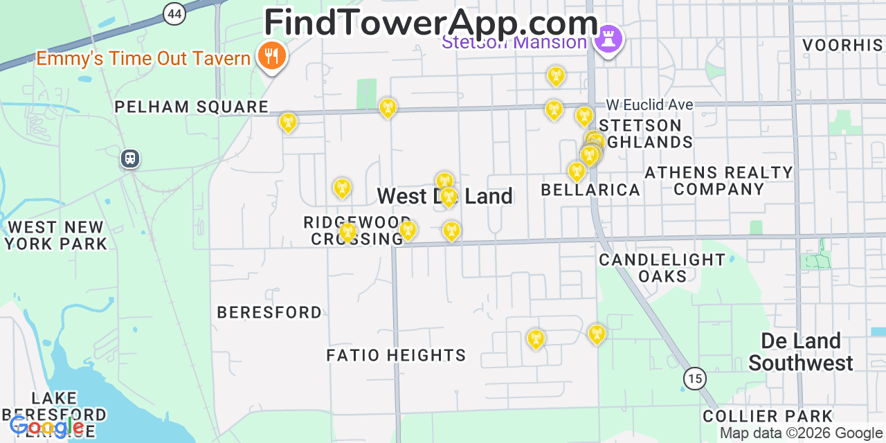 Map showing the 20 primary cell tower locations detected in West Deland, Florida from AT&T, Verizon, and T-Mobile networks