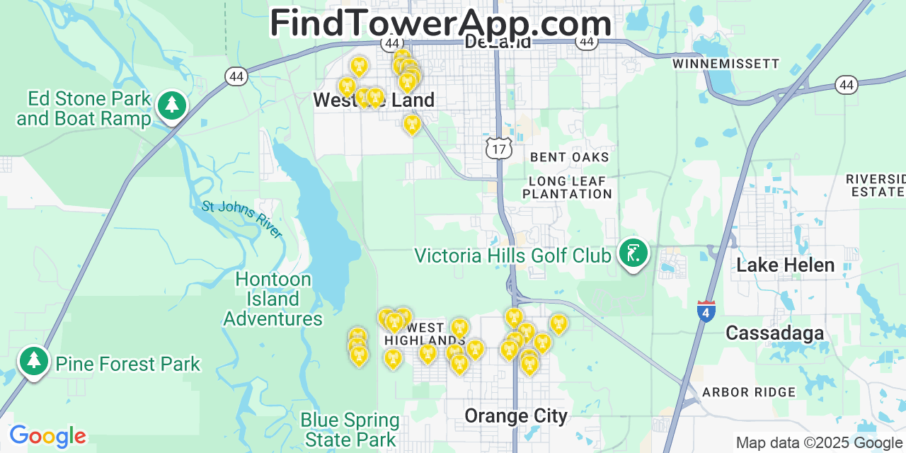 Map showing the 31 primary T-Mobile cell tower locations detected in West Deland, Florida with coverage radius and signal strength indicators