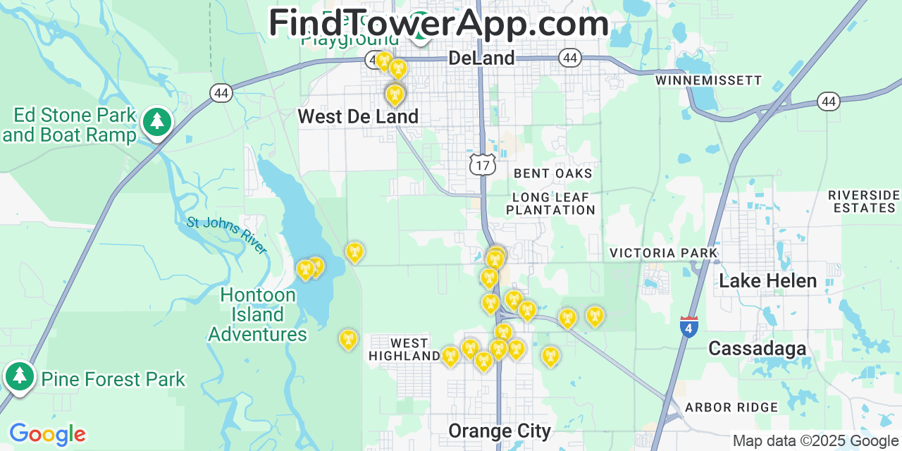 Map showing the 26 primary Verizon cell tower locations detected in West Deland, Florida with coverage radius and signal strength indicators