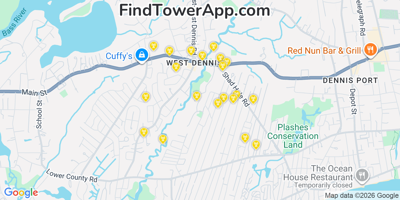 Map showing the 20 primary cell tower locations detected in West Dennis, Massachusetts from AT&T, Verizon, and T-Mobile networks