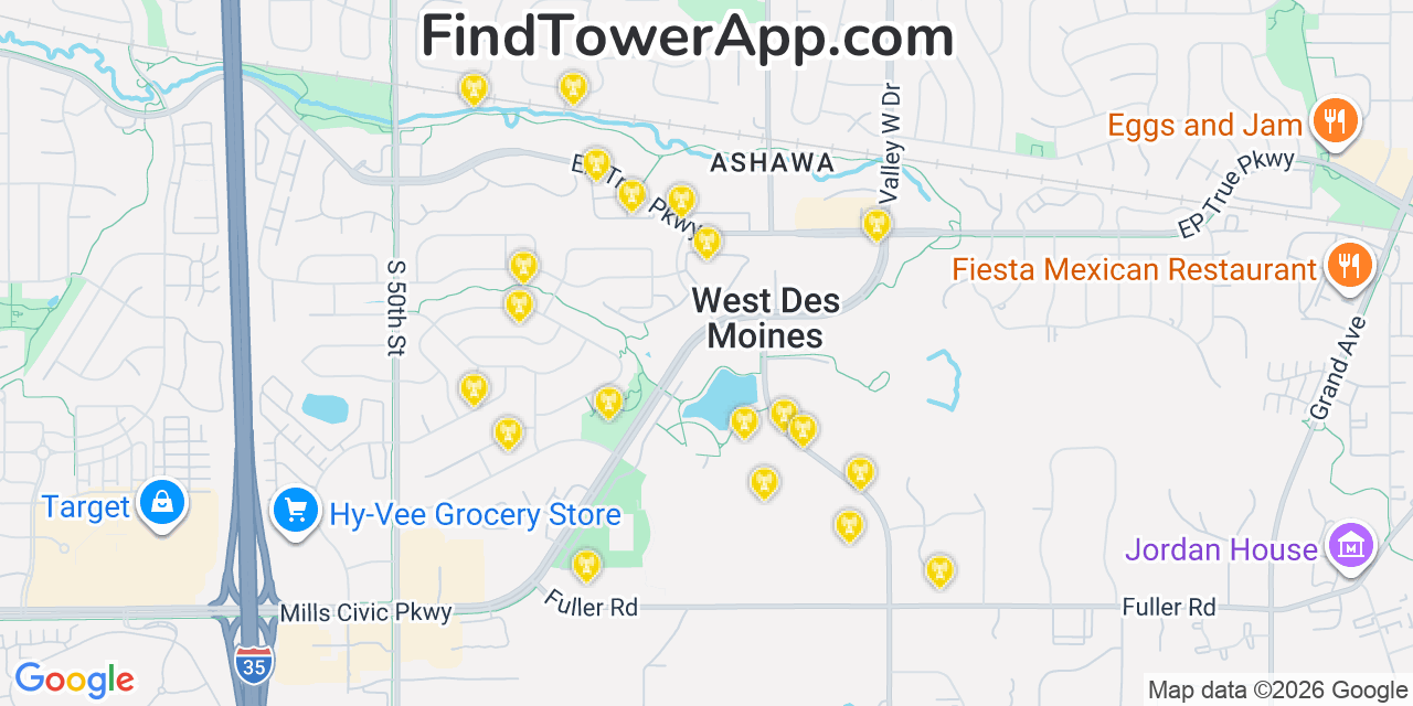 Map showing the 20 primary cell tower locations detected in West Des Moines, Iowa from AT&T, Verizon, and T-Mobile networks