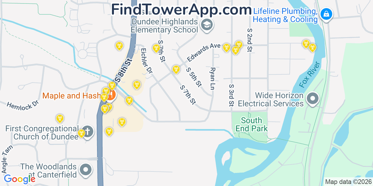 Map showing the 20 primary cell tower locations detected in West Dundee, Illinois from AT&T, Verizon, and T-Mobile networks