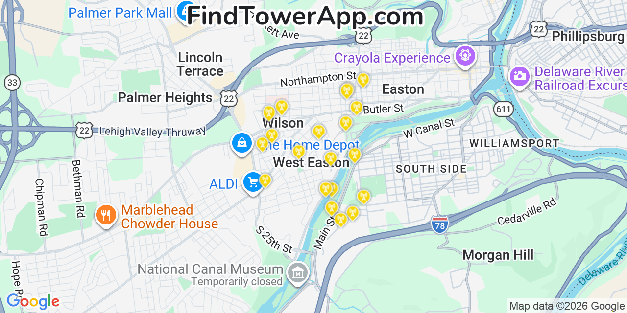 Map showing the 20 primary cell tower locations detected in West Easton, Pennsylvania from AT&T, Verizon, and T-Mobile networks
