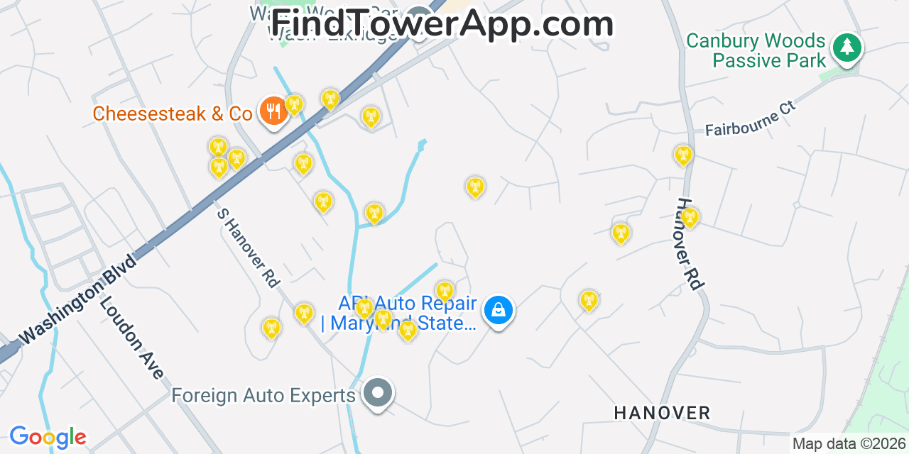 Map showing the 20 primary cell tower locations detected in West Elkridge, Maryland from AT&T, Verizon, and T-Mobile networks