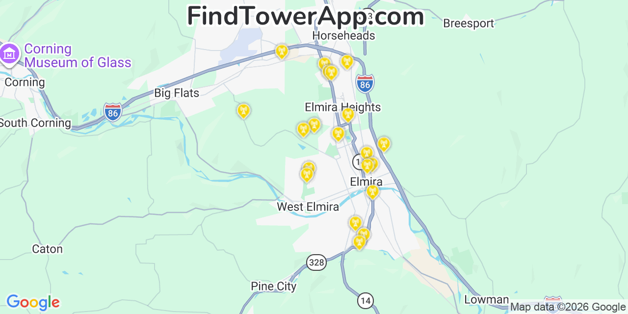 Map showing the 20 primary cell tower locations detected in West Elmira, New York from AT&T, Verizon, and T-Mobile networks