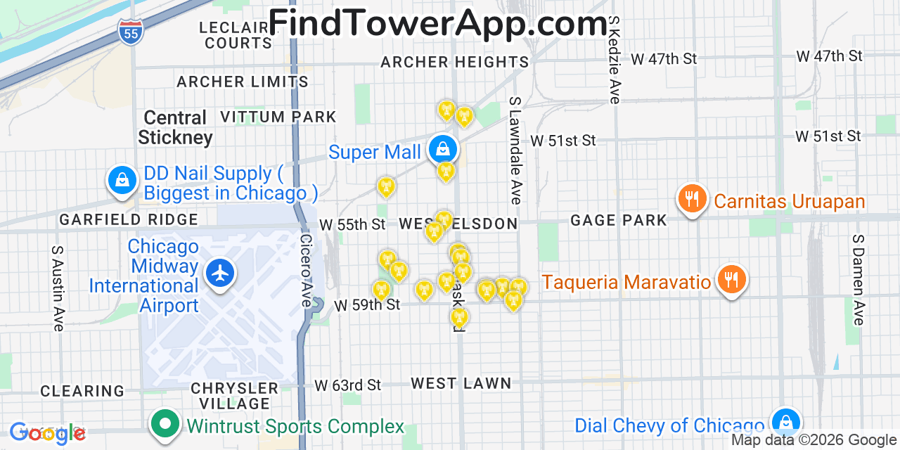 Map showing the 20 primary cell tower locations detected in West Elsdon, Illinois from AT&T, Verizon, and T-Mobile networks