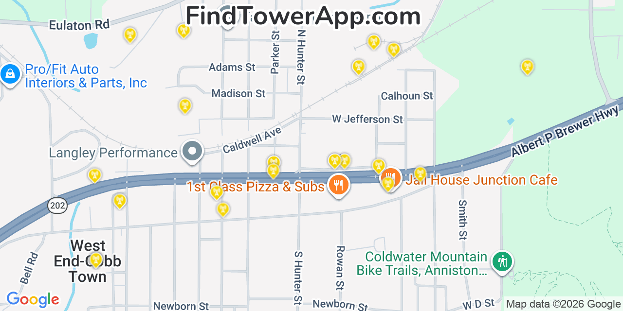Map showing the 20 primary cell tower locations detected in West End Cobb Town, Alabama from AT&T, Verizon, and T-Mobile networks
