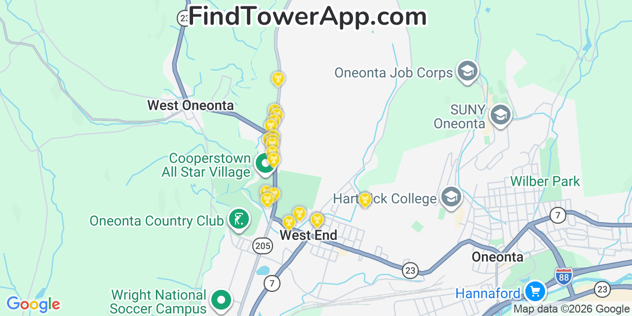 Map showing the 20 primary cell tower locations detected in West End, New York from AT&T, Verizon, and T-Mobile networks