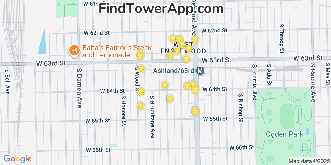 Map showing the 20 primary cell tower locations detected in West Englewood, Illinois from AT&T, Verizon, and T-Mobile networks