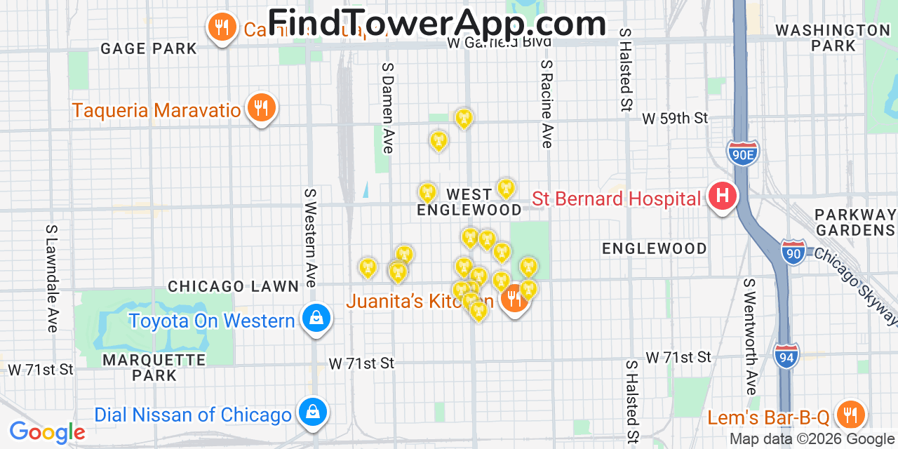 Map showing the 20 primary cell tower locations detected in West Englewood, Illinois from AT&T, Verizon, and T-Mobile networks