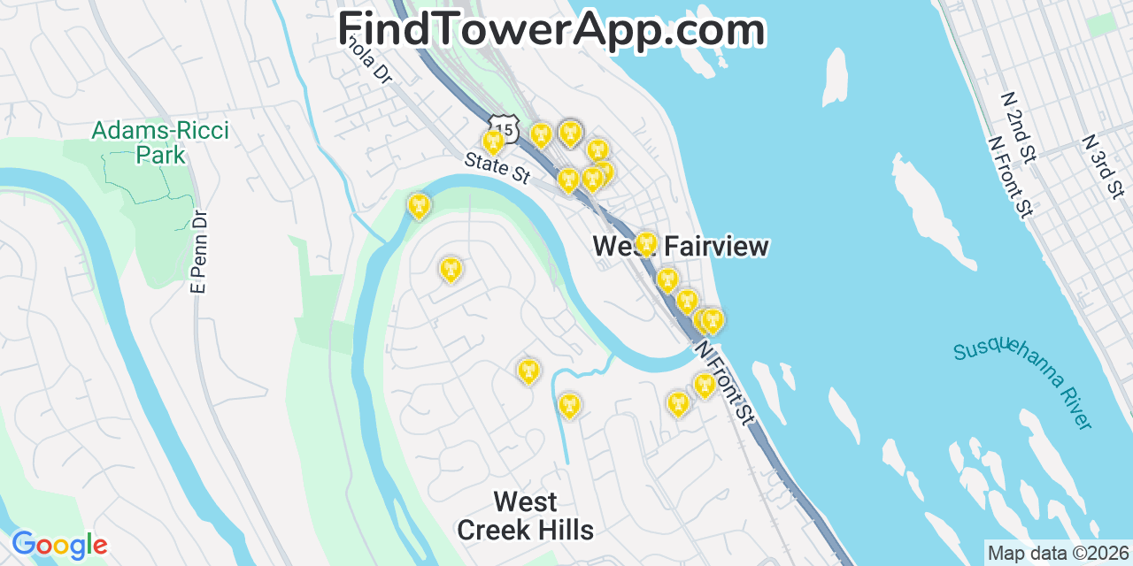 Map showing the 20 primary cell tower locations detected in West Fairview, Pennsylvania from AT&T, Verizon, and T-Mobile networks