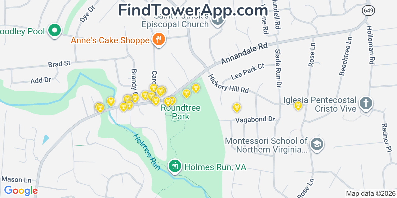 Map showing the 20 primary cell tower locations detected in West Falls Church, Virginia from AT&T, Verizon, and T-Mobile networks