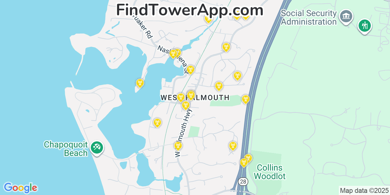 Map showing the 20 primary cell tower locations detected in West Falmouth, Massachusetts from AT&T, Verizon, and T-Mobile networks