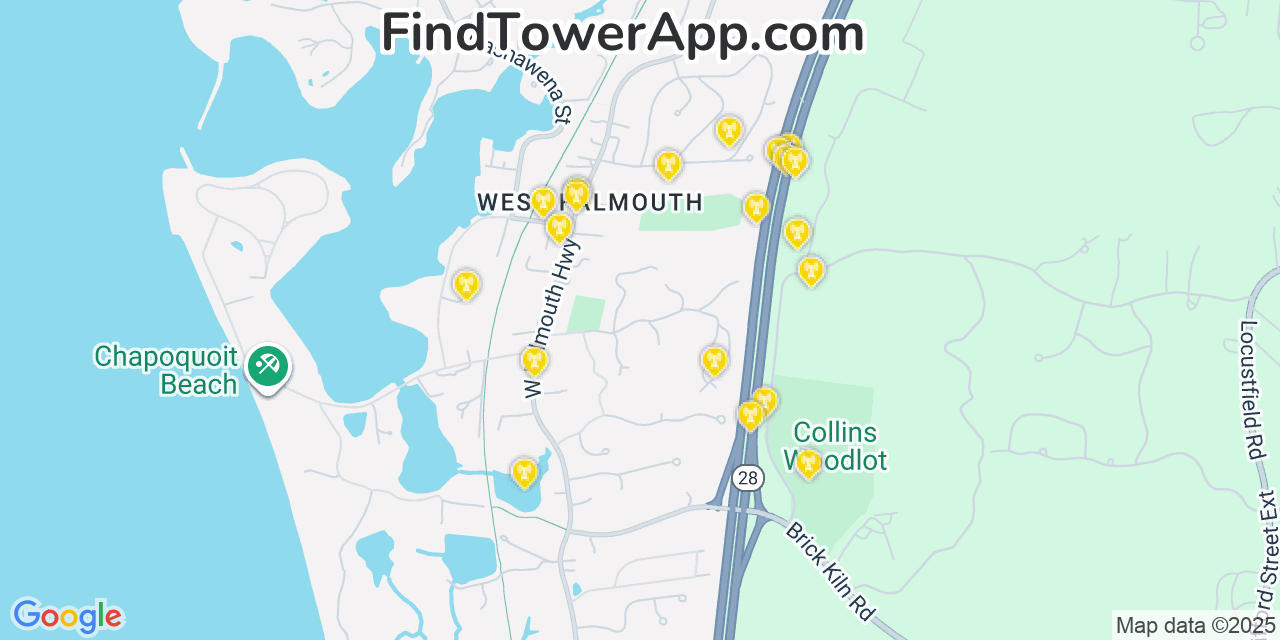 Map showing the 20 primary cell tower locations detected in West Falmouth, Massachusetts from AT&T, Verizon, and T-Mobile networks