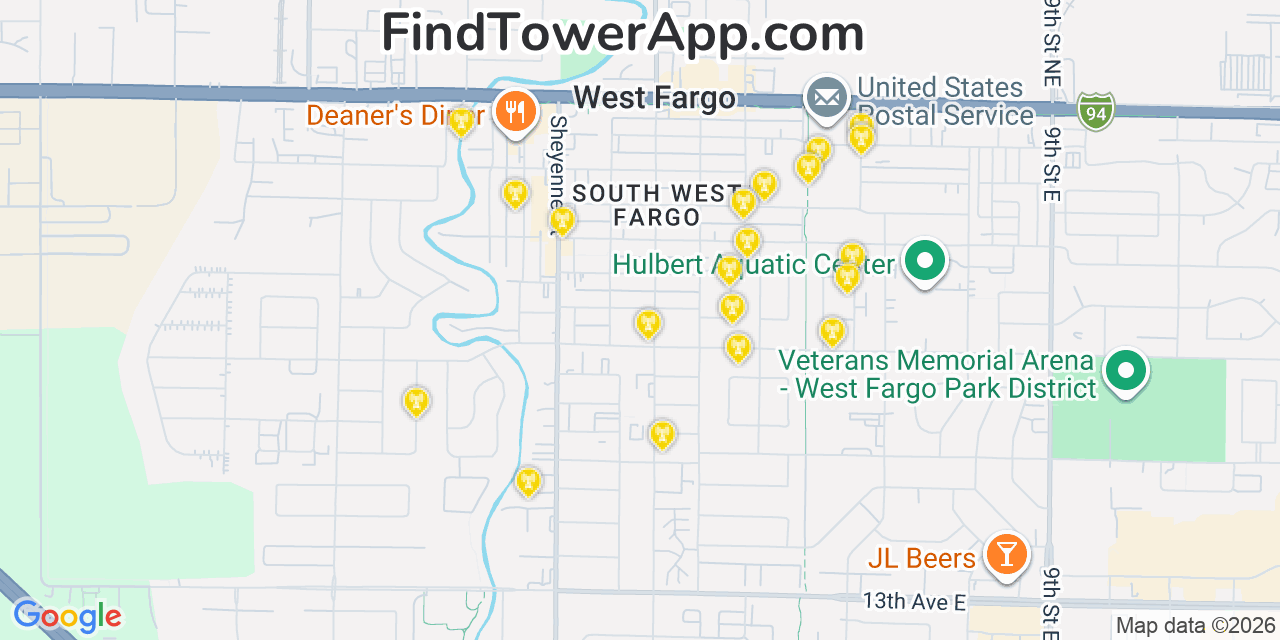 Map showing the 20 primary cell tower locations detected in West Fargo, North Dakota from AT&T, Verizon, and T-Mobile networks